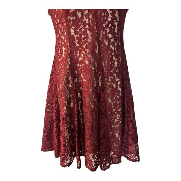 ⭐️Gabby Skye Lace Maroon Fit & Flare Sleeveless Illusion Overlay Party Dress - Picture 9 of 15